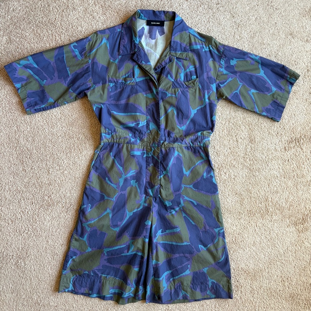 Rachel Comey Purple, Blue and Green Short Pants boiler suit.